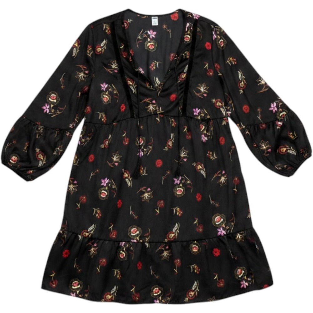 Old Navy XXL Black Floral Boho Peasant Dress Velvet Trim Tie Front Long Sleeve